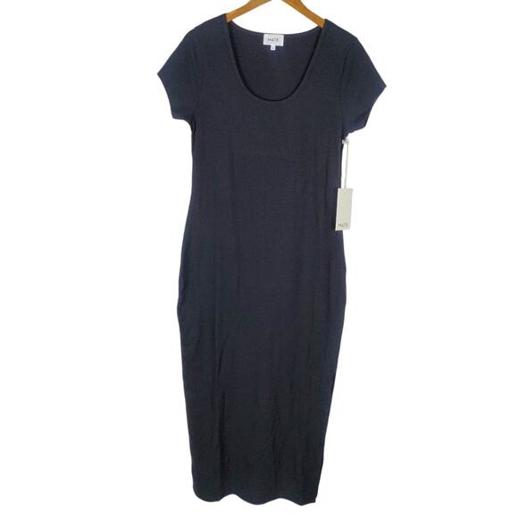 NEW Mate The Label Tencel Rib Short Sleeve Midi Dress XL Black Side Slit Stretch - Picture 2 of 12